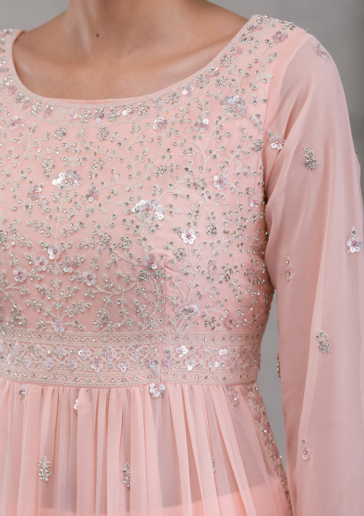 Peach Threadwork Georgette Readymade Salwar Kameez