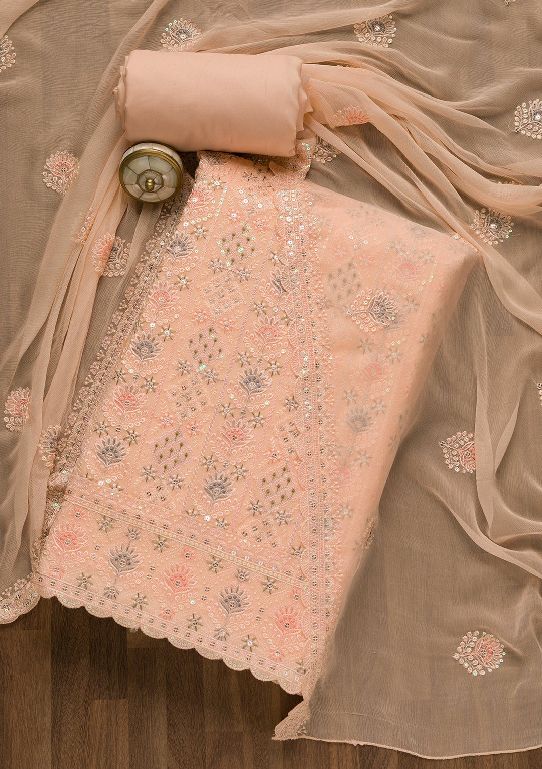 Peach Threadwork Georgette Unstitched Salwar Kameez-Koskii