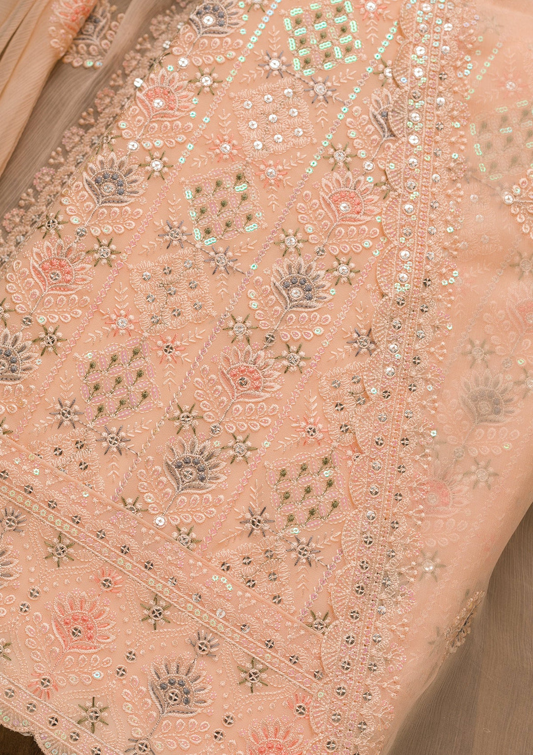Peach Threadwork Georgette Unstitched Salwar Kameez-Koskii