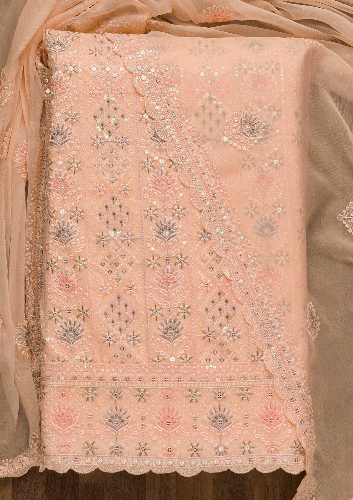 Peach Threadwork Georgette Unstitched Salwar Kameez-Koskii