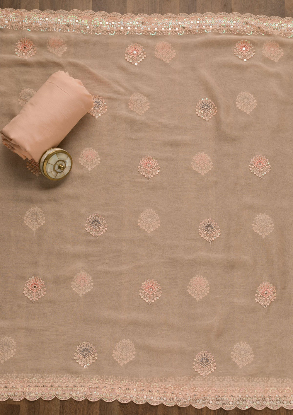 Peach Threadwork Georgette Unstitched Salwar Kameez-Koskii