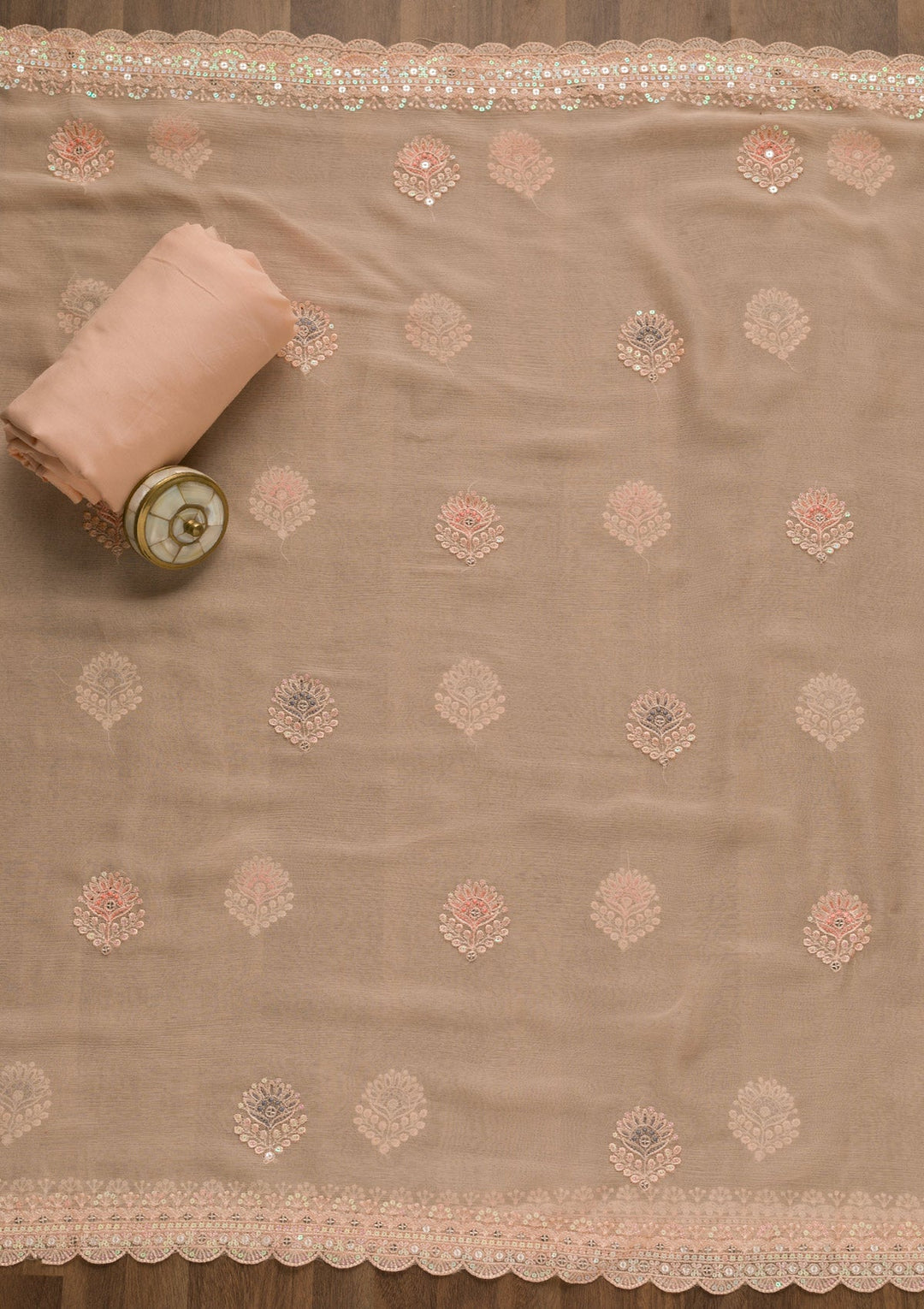 Peach Threadwork Georgette Unstitched Salwar Kameez-Koskii