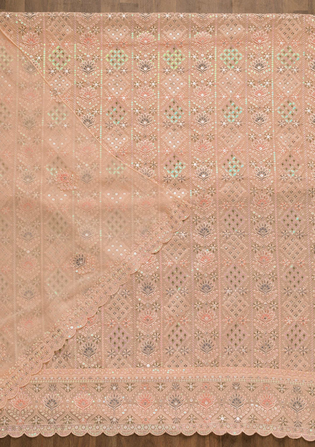 Peach Threadwork Georgette Unstitched Salwar Kameez-Koskii