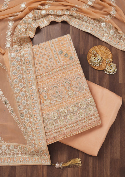 Peach Threadwork Georgette Unstitched Salwar Suit-Koskii