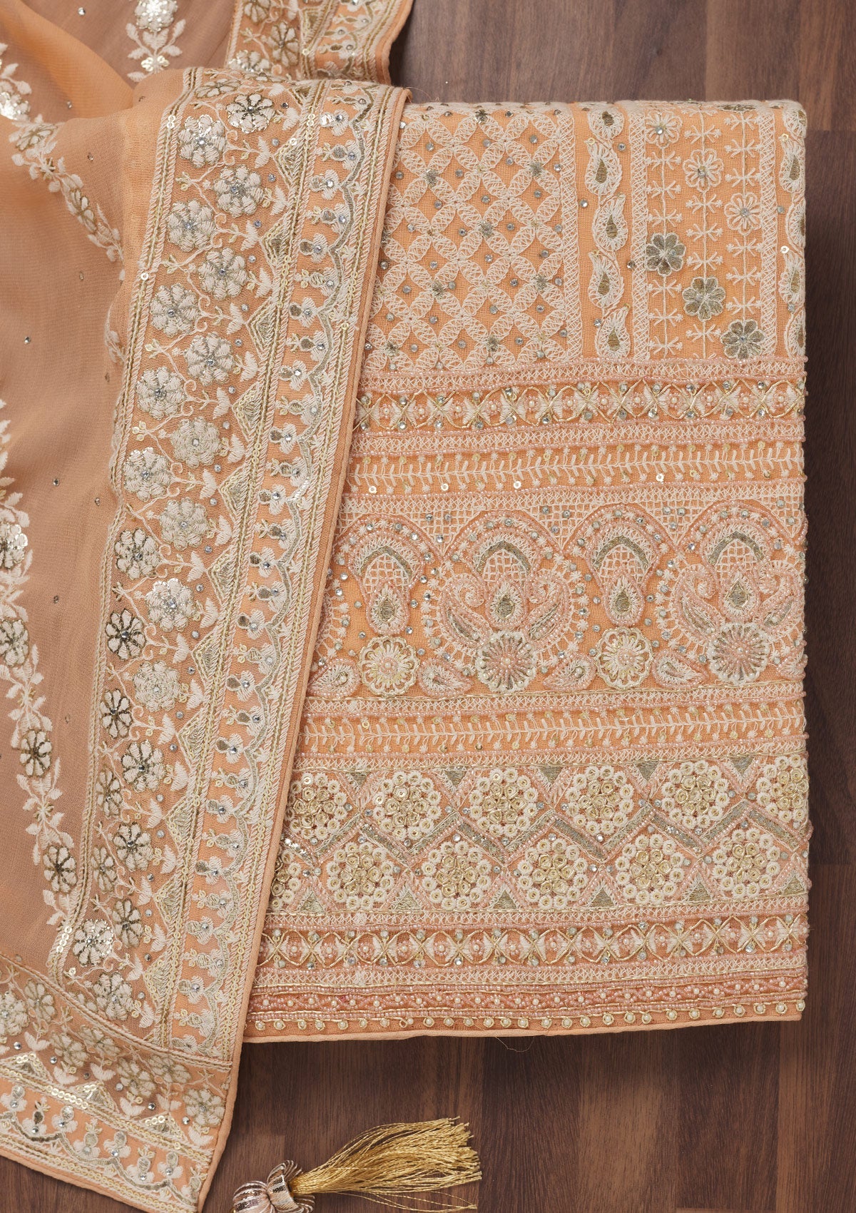 Peach Threadwork Georgette Unstitched Salwar Suit-Koskii