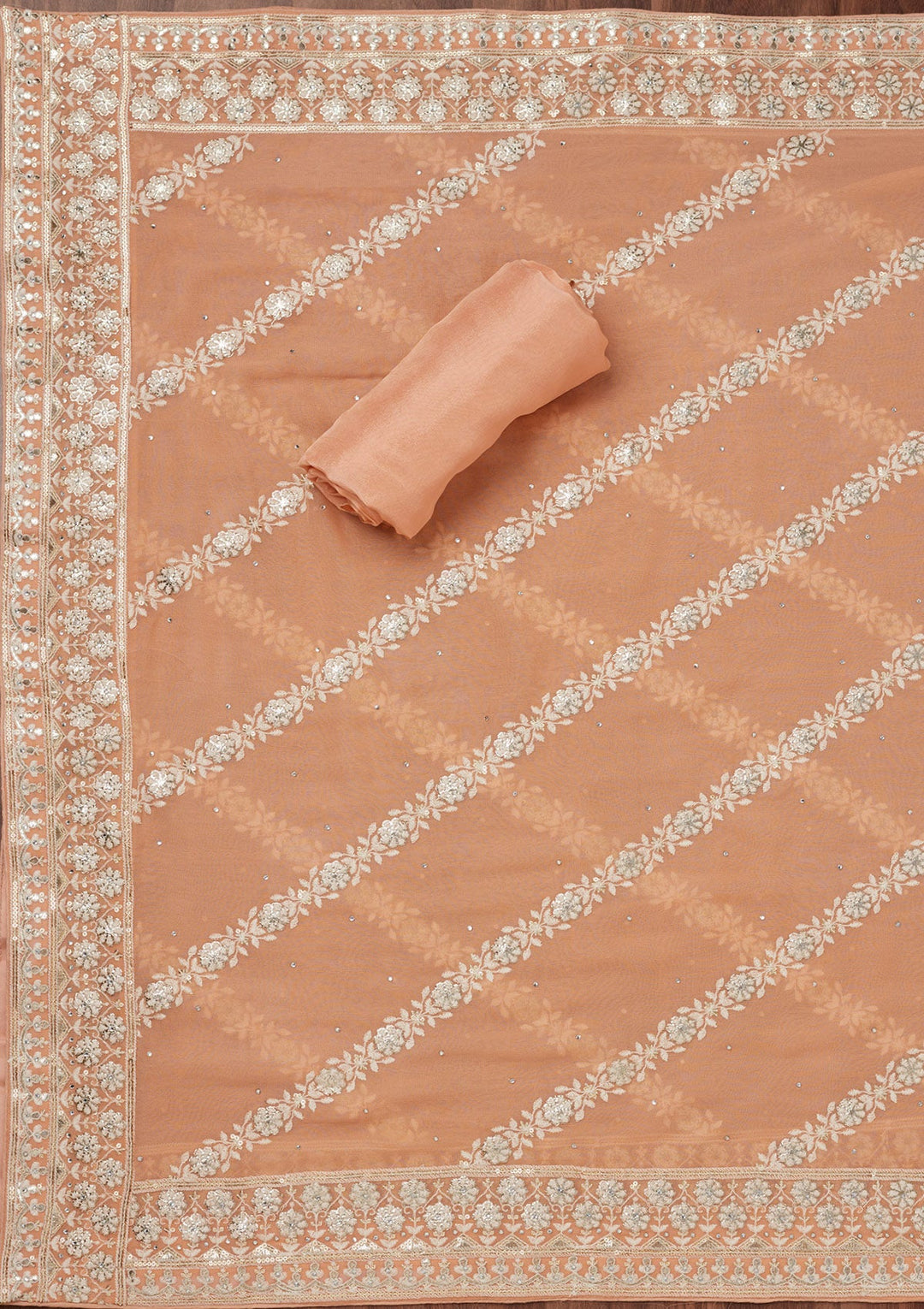 Peach Threadwork Georgette Unstitched Salwar Suit-Koskii