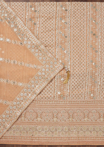 Peach Threadwork Georgette Unstitched Salwar Suit-Koskii