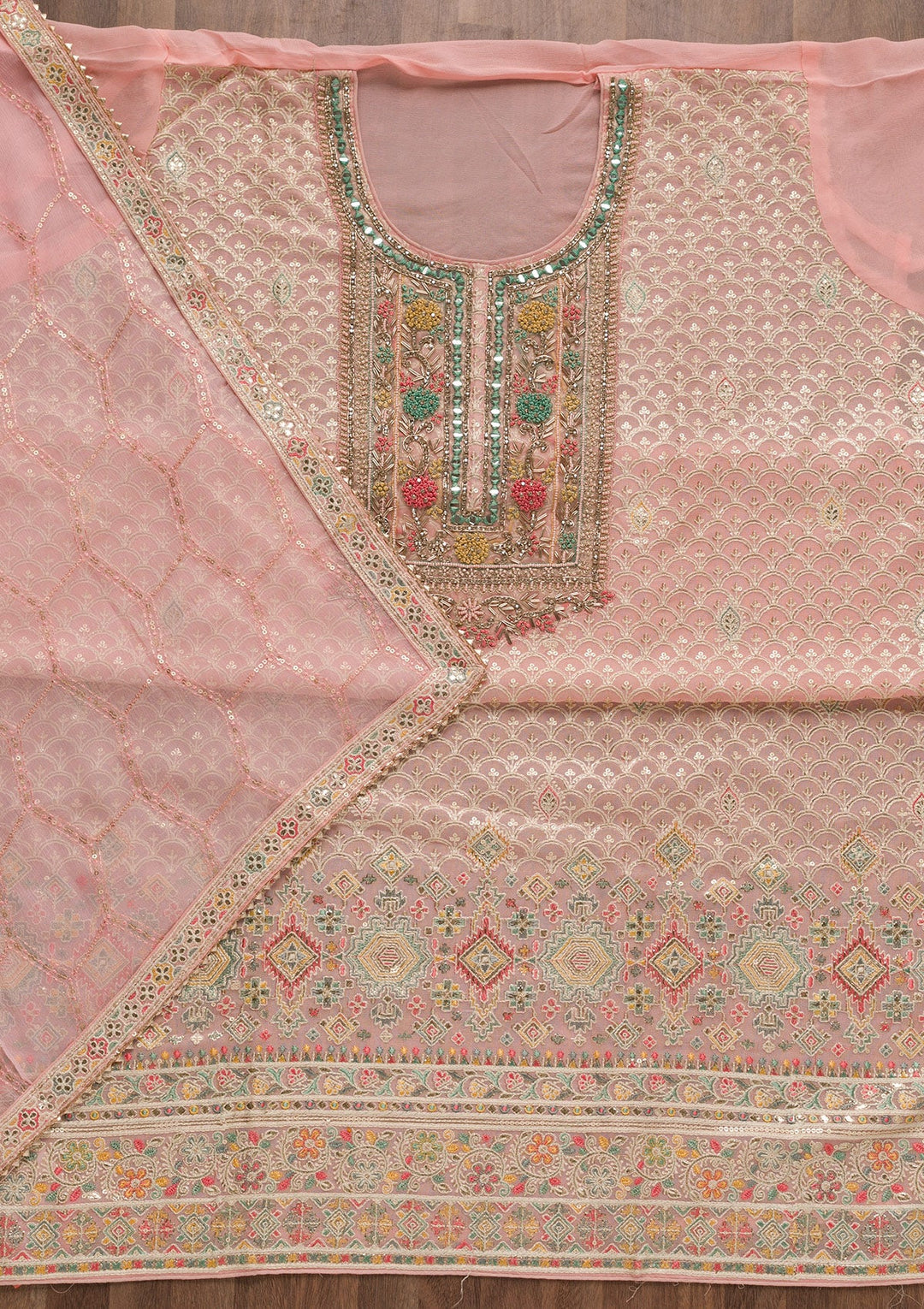 Peach Threadwork Georgette Unstitched Salwar Suit-Koskii