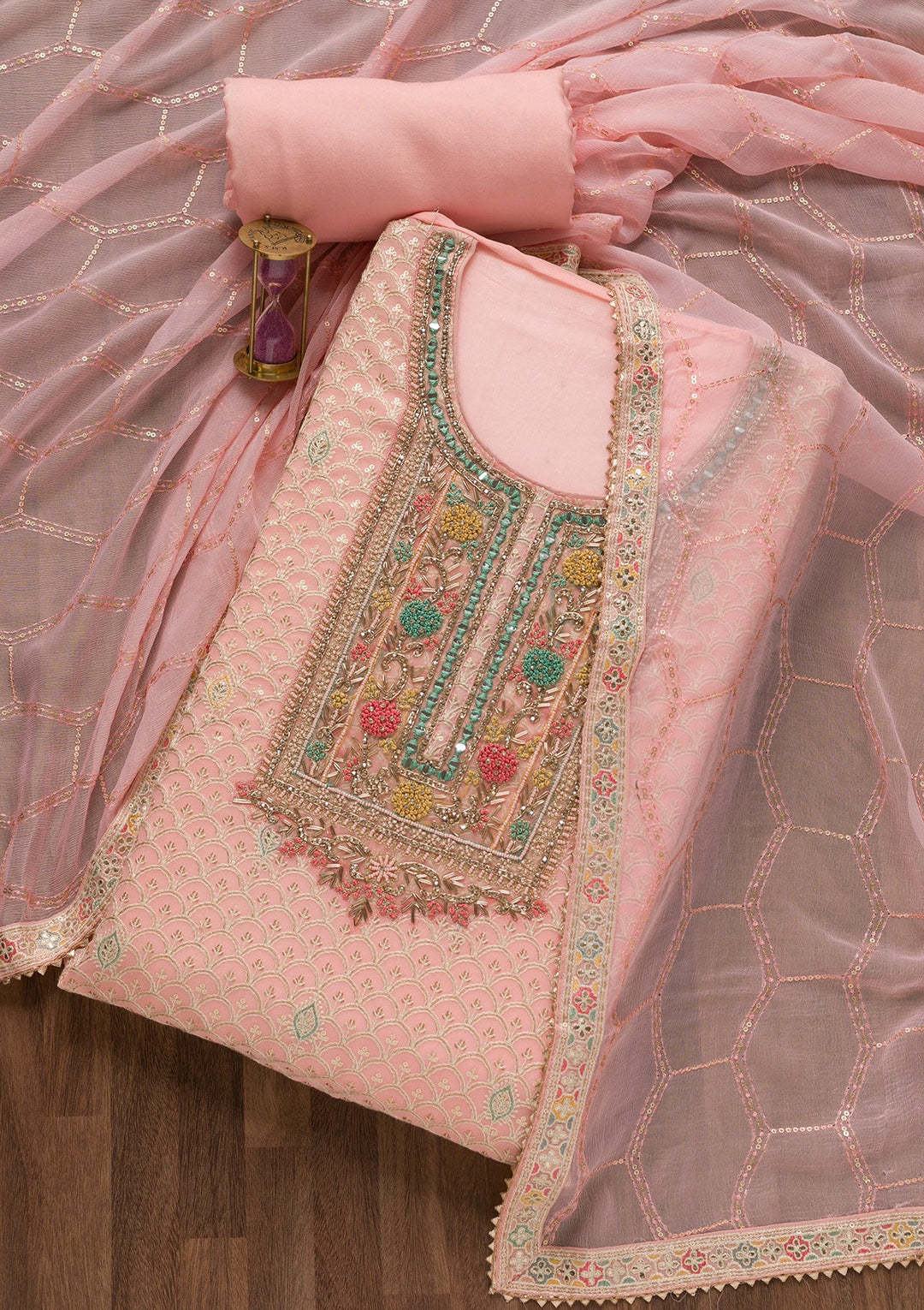 Peach Threadwork Georgette Unstitched Salwar Suit-Koskii