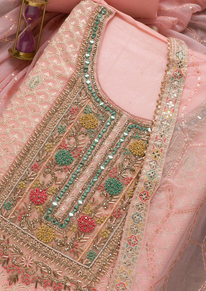 Peach Threadwork Georgette Unstitched Salwar Suit-Koskii