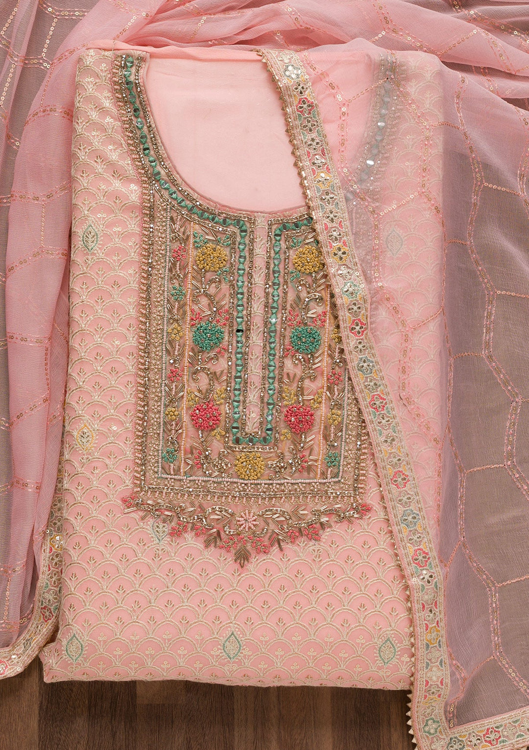 Peach Threadwork Georgette Unstitched Salwar Suit-Koskii