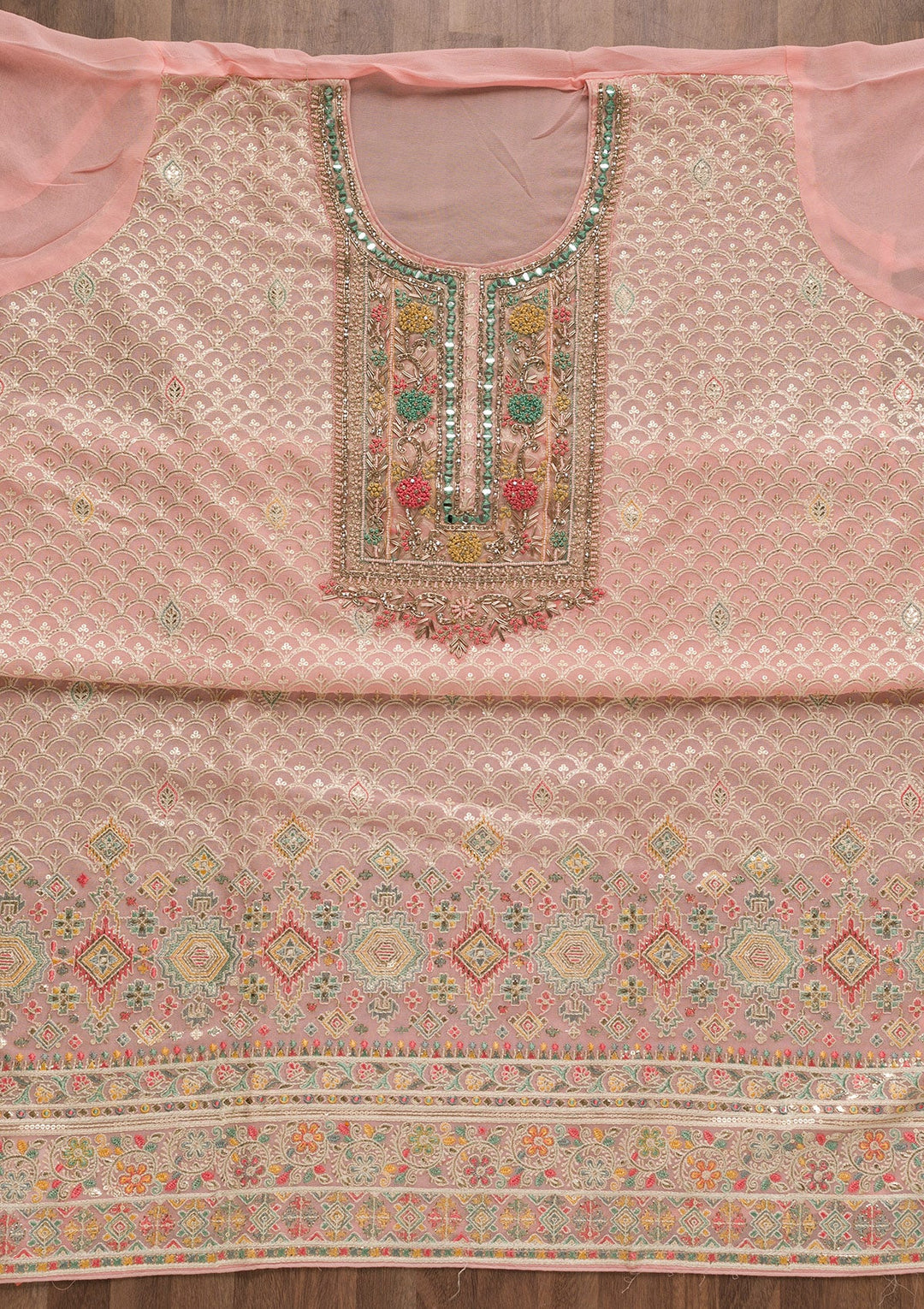 Peach Threadwork Georgette Unstitched Salwar Suit-Koskii