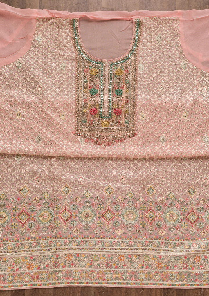Peach Threadwork Georgette Unstitched Salwar Suit-Koskii