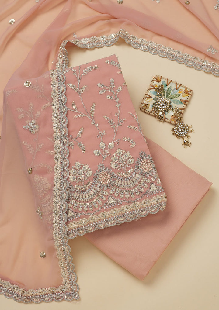 Peach Threadwork Georgette Unstitched Salwar Suit-Koskii