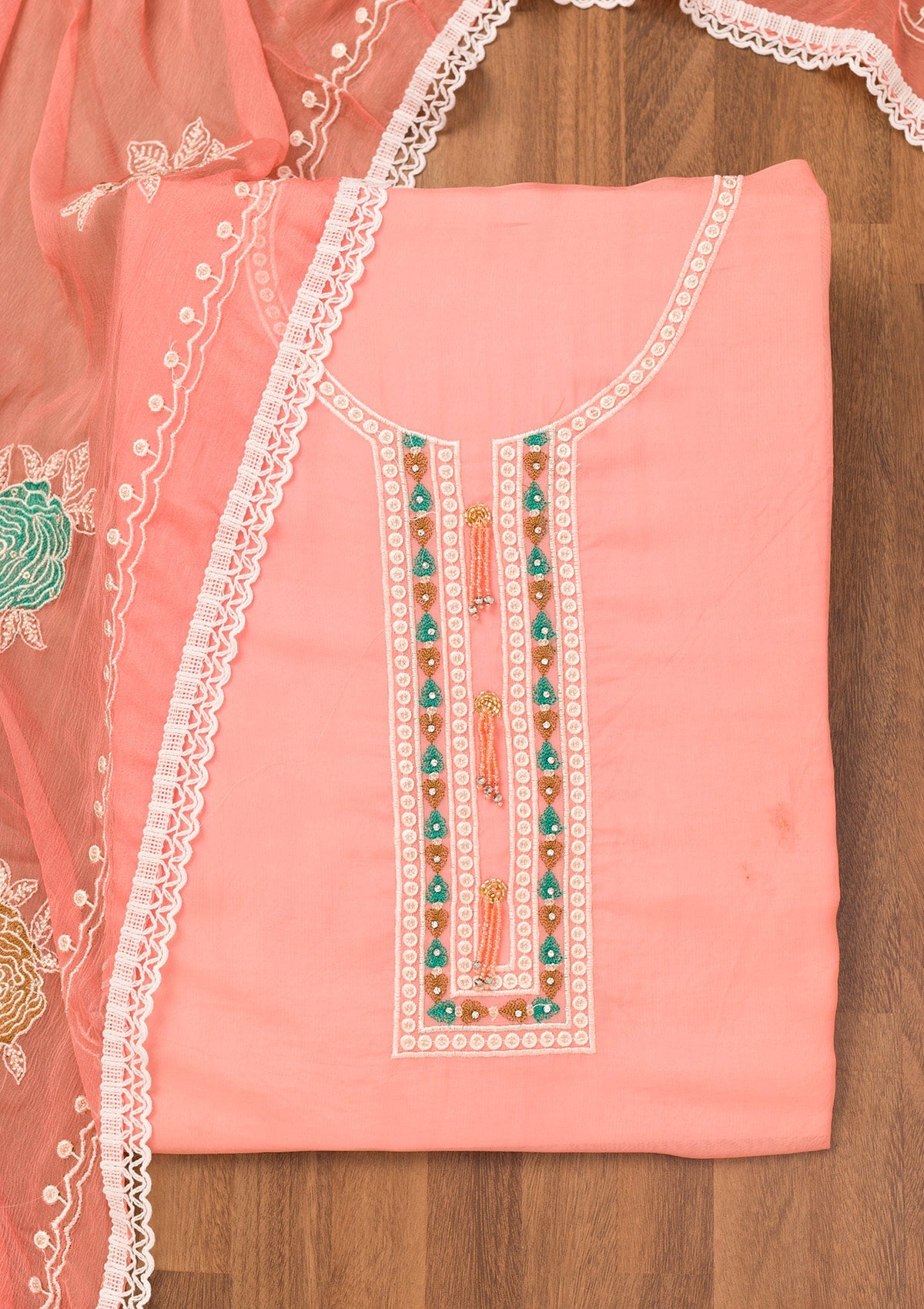 Peach Threadwork Georgette Unstitched Salwar Suit-Koskii