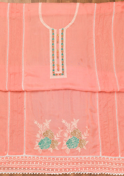 Peach Threadwork Georgette Unstitched Salwar Suit-Koskii