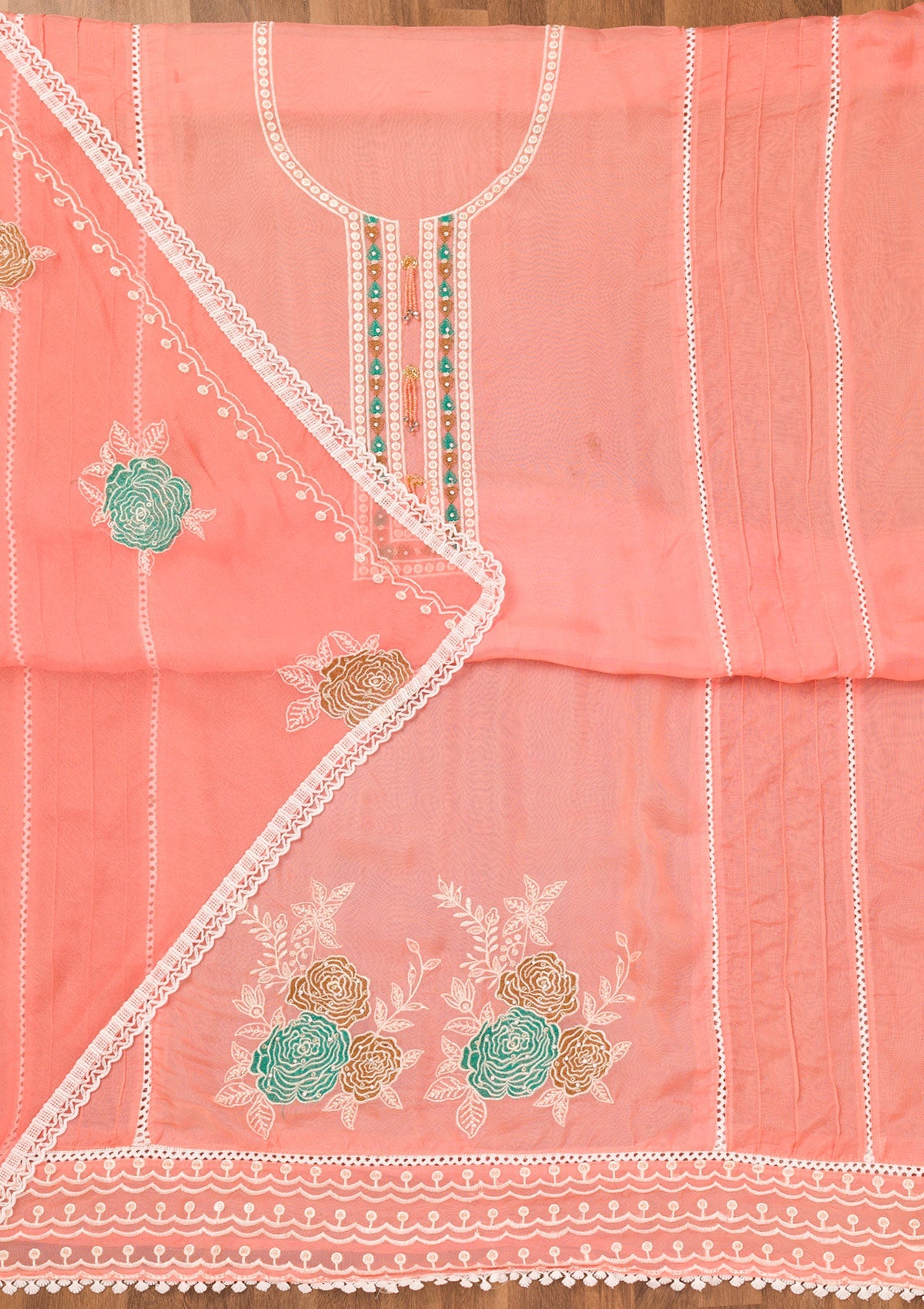 Peach Threadwork Georgette Unstitched Salwar Suit-Koskii