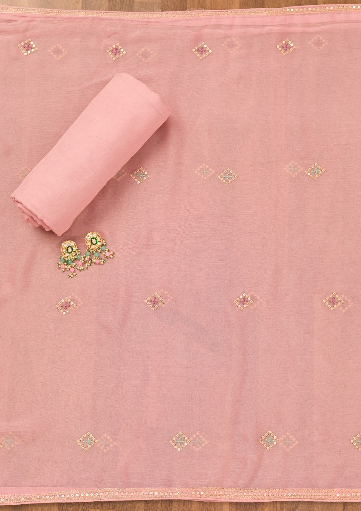 Peach Threadwork Georgette Unstitched Salwar Suit-Koskii