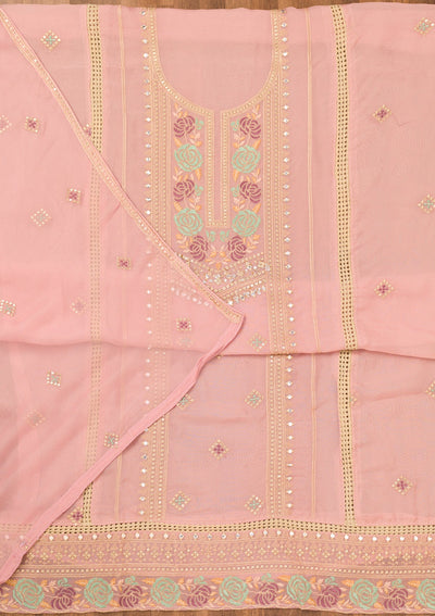 Peach Threadwork Georgette Unstitched Salwar Suit-Koskii