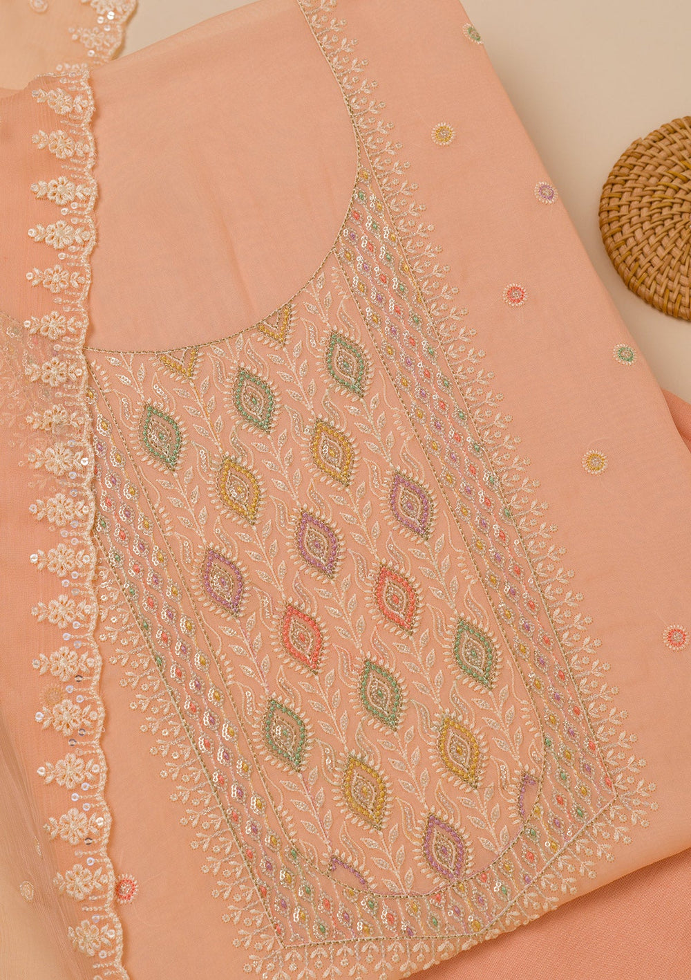 Peach Threadwork Georgette Unstitched Salwar Suit-Koskii