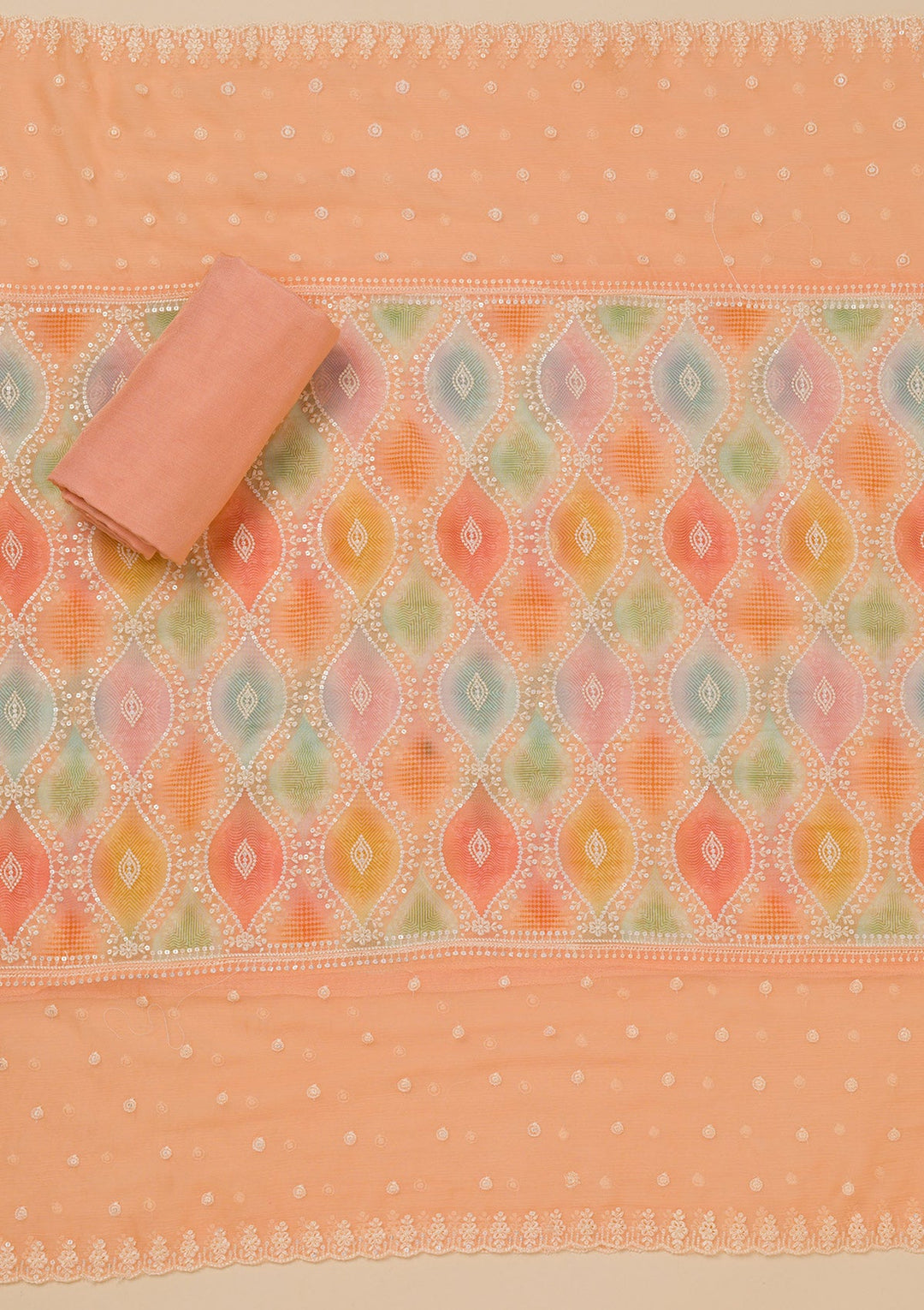 Peach Threadwork Georgette Unstitched Salwar Suit-Koskii