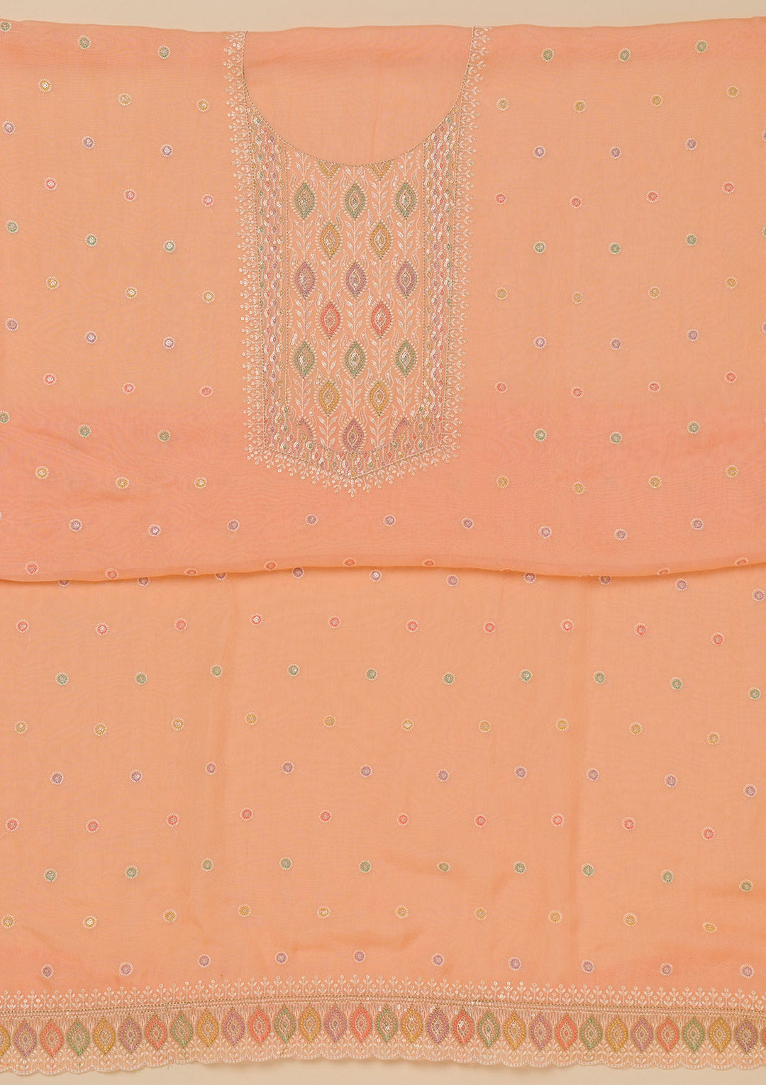 Peach Threadwork Georgette Unstitched Salwar Suit-Koskii