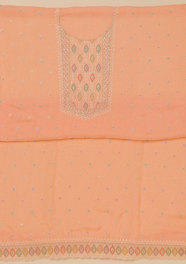 Peach Threadwork Georgette Unstitched Salwar Suit-Koskii