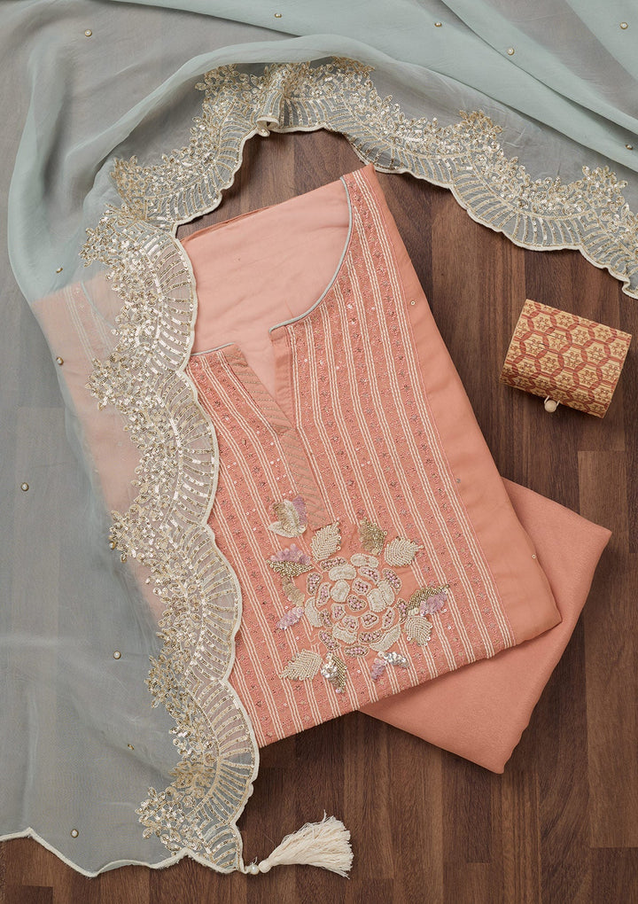 Peach Threadwork Georgette Unstitched Salwar Suit-Koskii