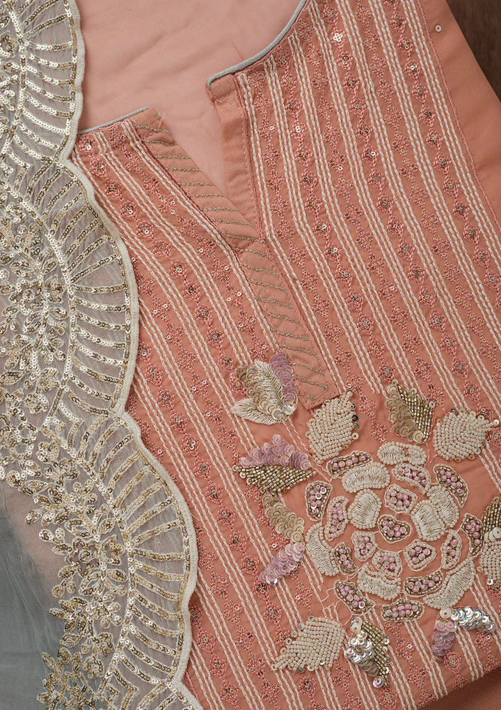 Peach Threadwork Georgette Unstitched Salwar Suit-Koskii