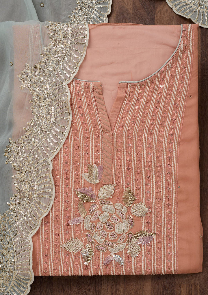 Peach Threadwork Georgette Unstitched Salwar Suit-Koskii