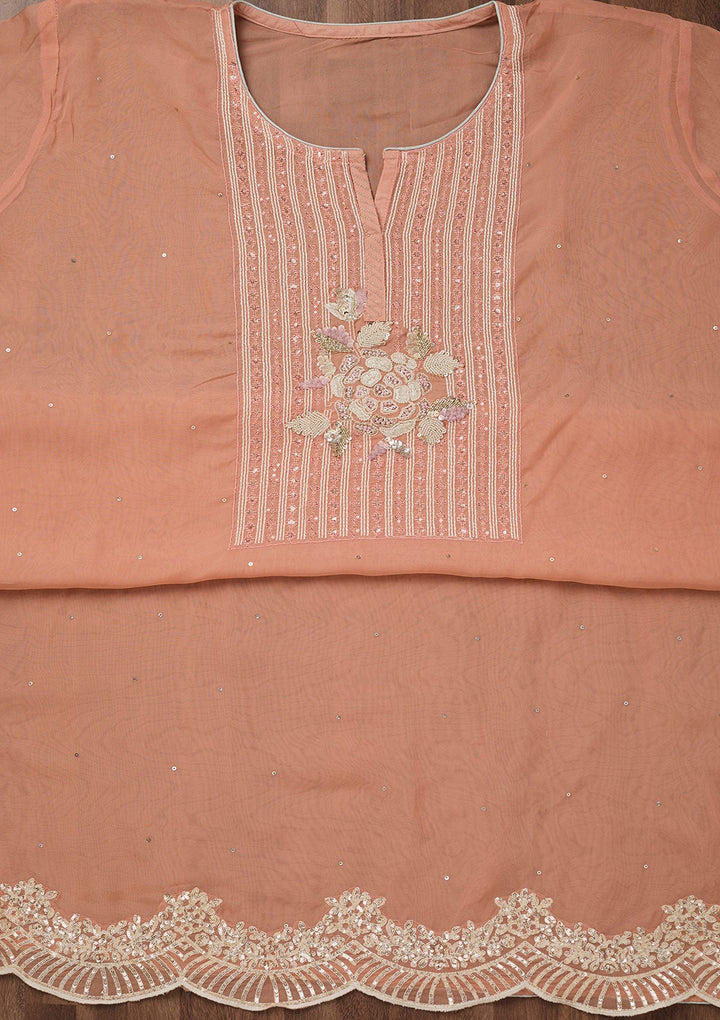 Peach Threadwork Georgette Unstitched Salwar Suit-Koskii