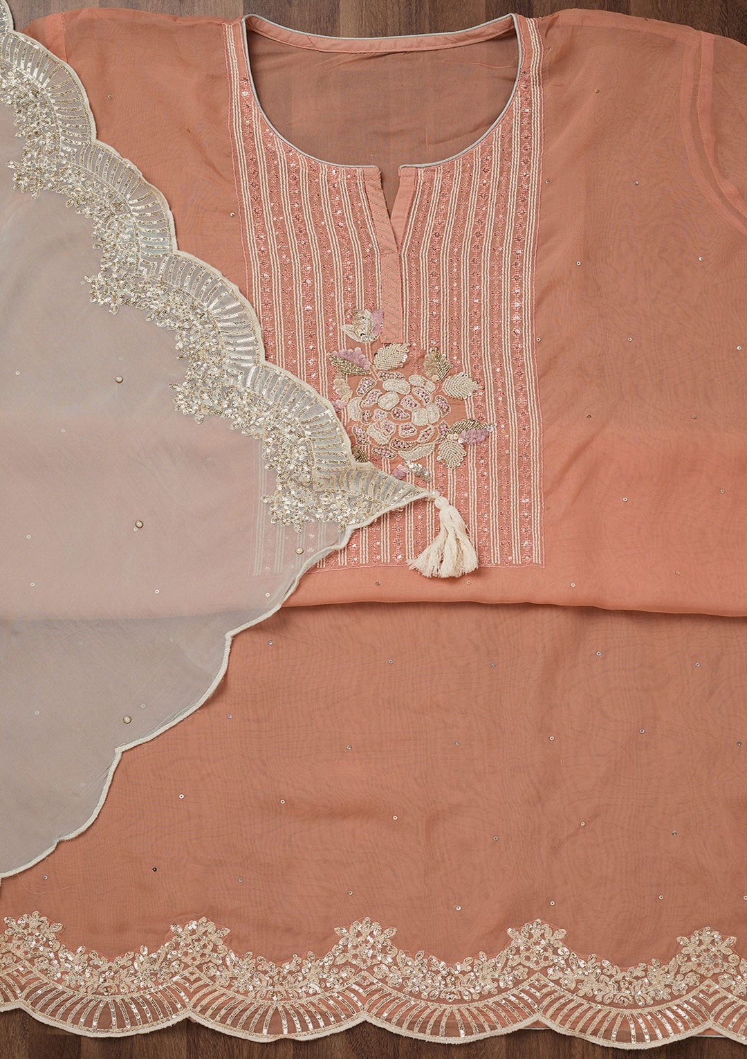 Peach Threadwork Georgette Unstitched Salwar Suit-Koskii