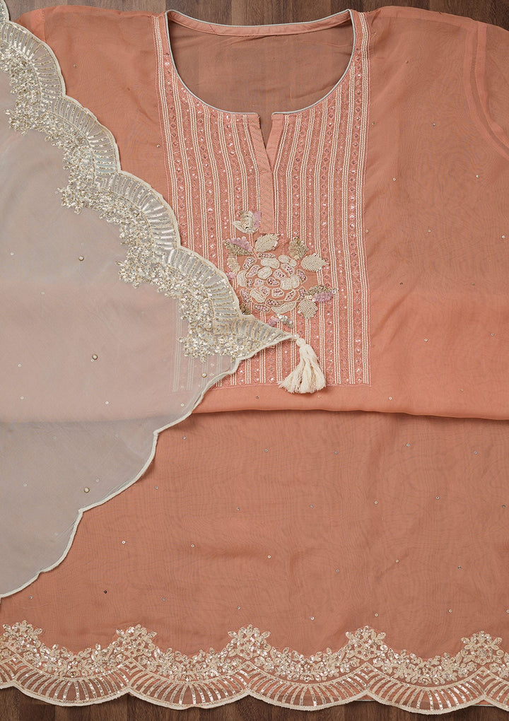 Peach Threadwork Georgette Unstitched Salwar Suit-Koskii