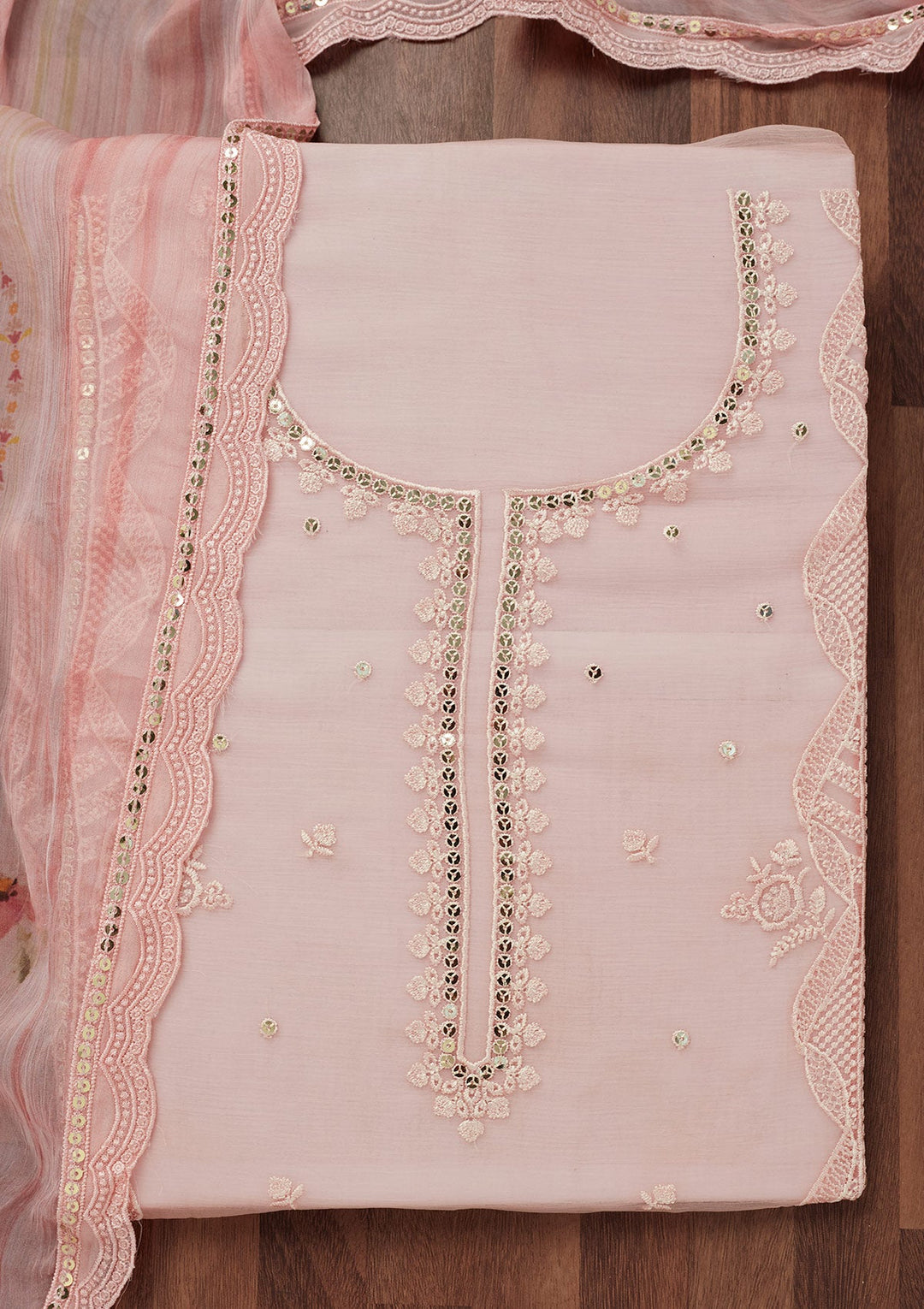 Peach Threadwork Georgette Unstitched Salwar Suit-Koskii