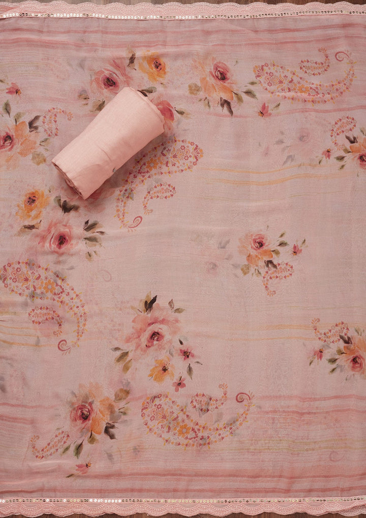 Peach Threadwork Georgette Unstitched Salwar Suit-Koskii