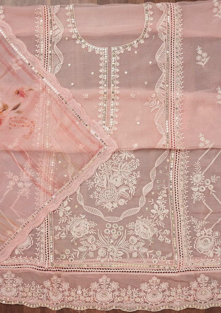 Peach Threadwork Georgette Unstitched Salwar Suit-Koskii