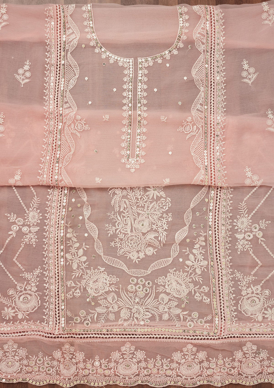 Peach Threadwork Georgette Unstitched Salwar Suit-Koskii