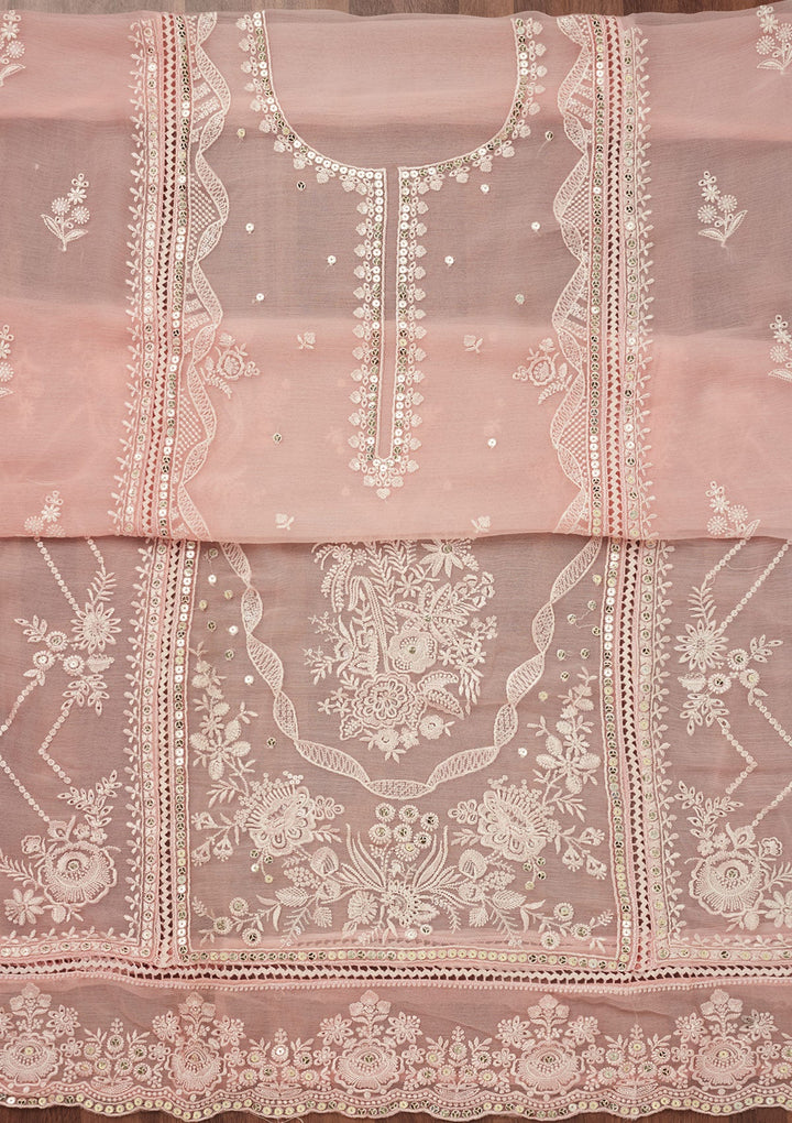 Peach Threadwork Georgette Unstitched Salwar Suit-Koskii