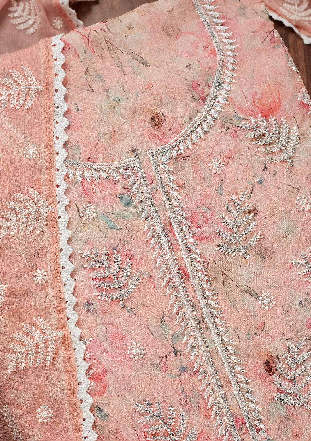 Peach Threadwork Georgette Unstitched Salwar Suit-Koskii