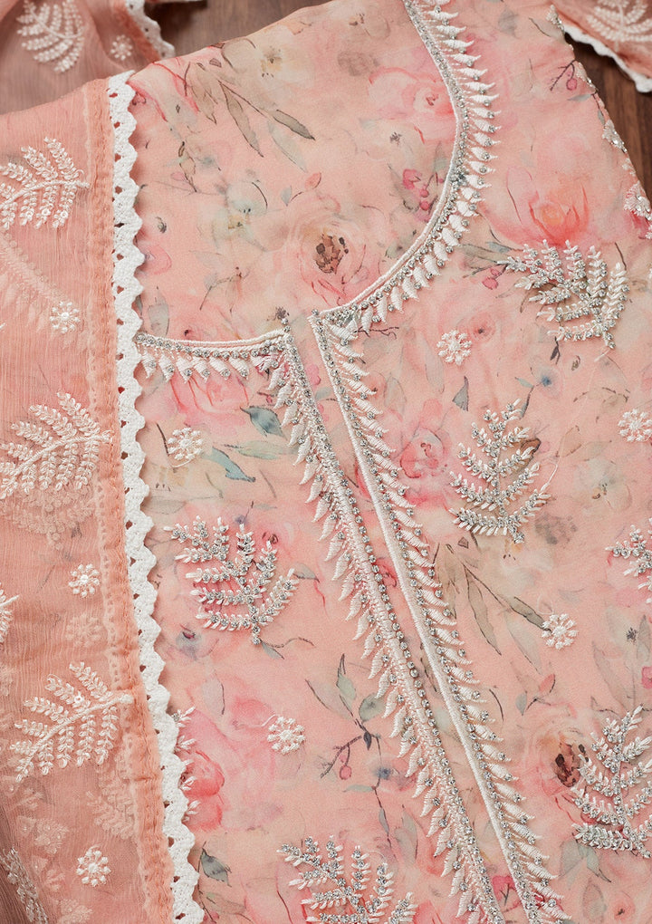 Peach Threadwork Georgette Unstitched Salwar Suit-Koskii