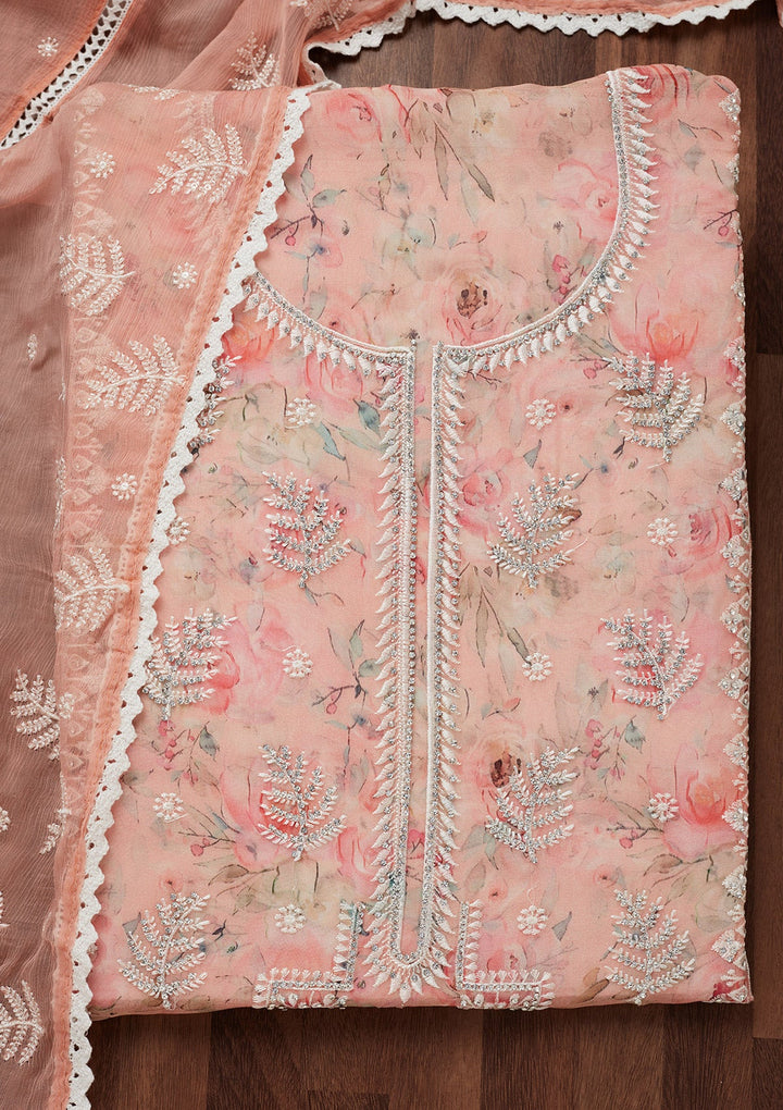 Peach Threadwork Georgette Unstitched Salwar Suit-Koskii