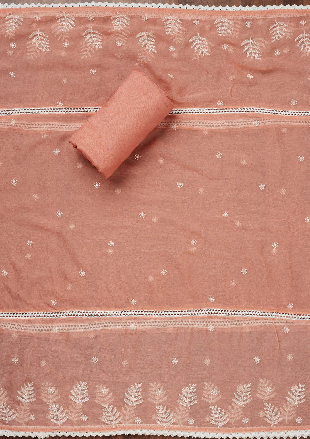 Peach Threadwork Georgette Unstitched Salwar Suit-Koskii