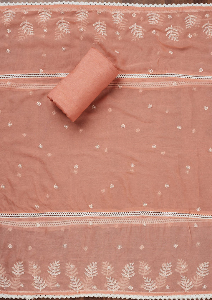 Peach Threadwork Georgette Unstitched Salwar Suit-Koskii