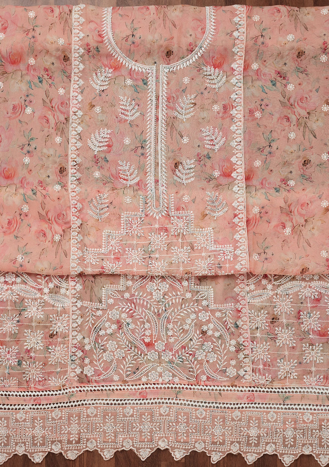 Peach Threadwork Georgette Unstitched Salwar Suit-Koskii