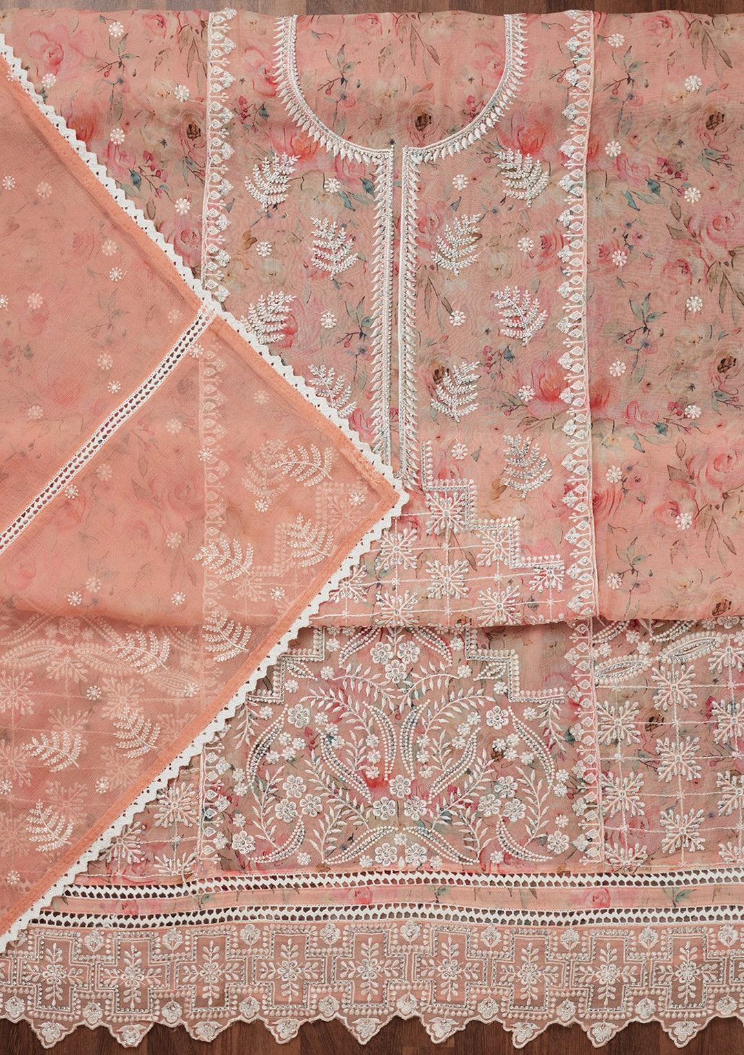 Peach Threadwork Georgette Unstitched Salwar Suit-Koskii