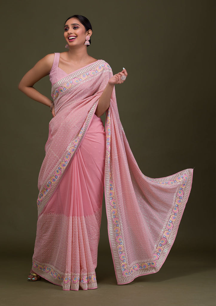 Off White Parsi Thread Work Pure Georgette Saree - Pictorial Drape | Shop  Online at Ethnickart India's Best Ethnic Weares & Wares