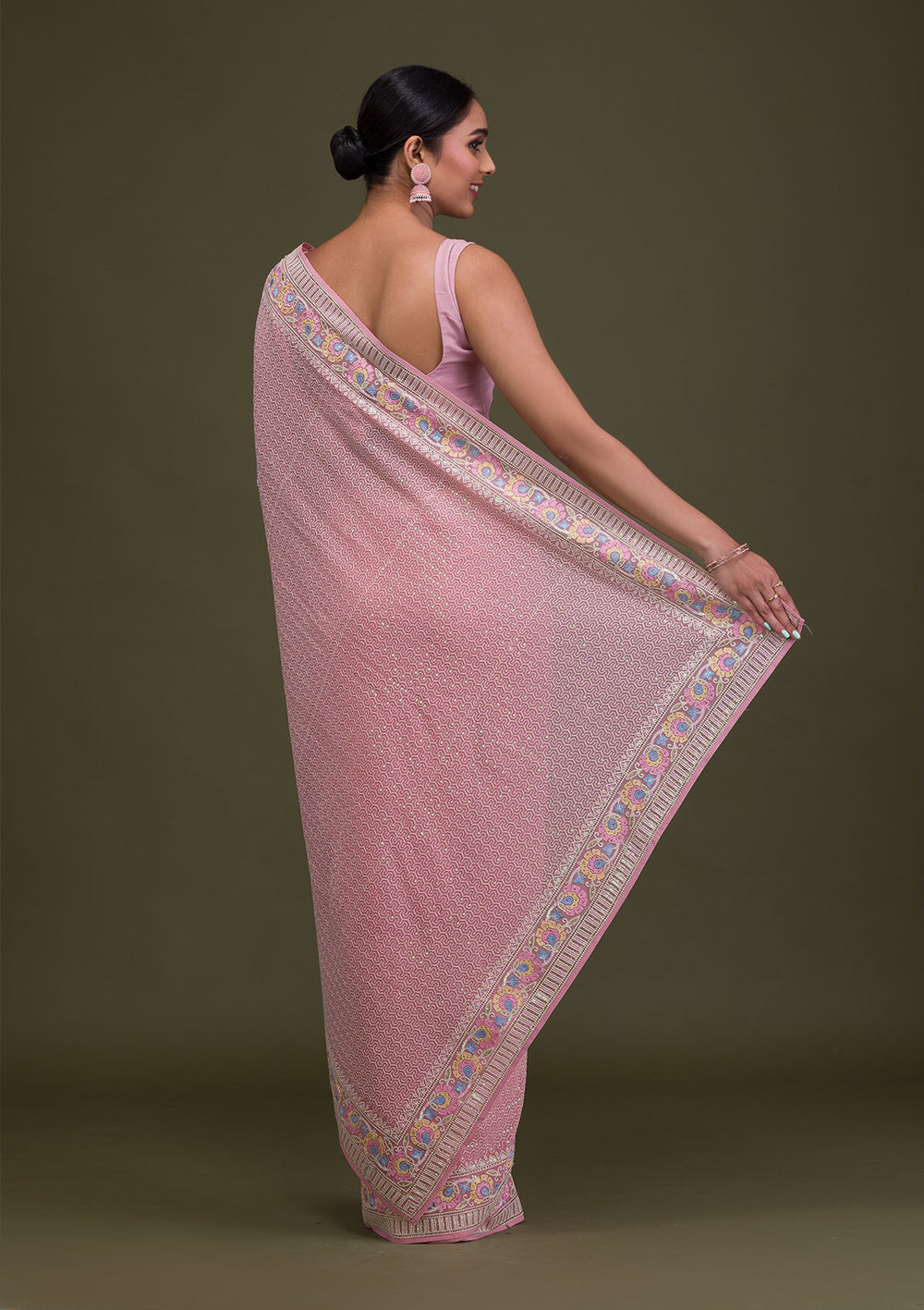 Peach Threadwork Georgette Saree-Koskii