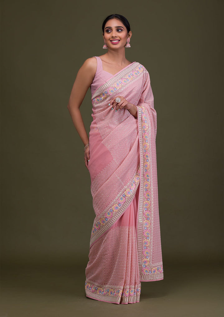 Peach Threadwork Georgette Saree-Koskii