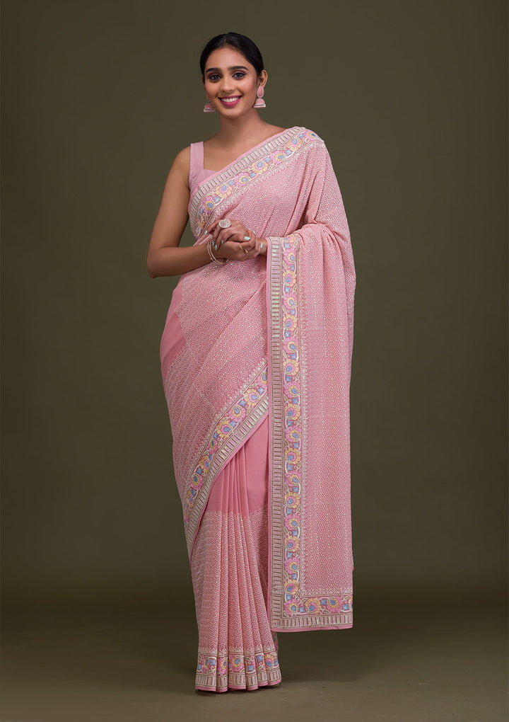 Peach Threadwork Georgette Saree-Koskii