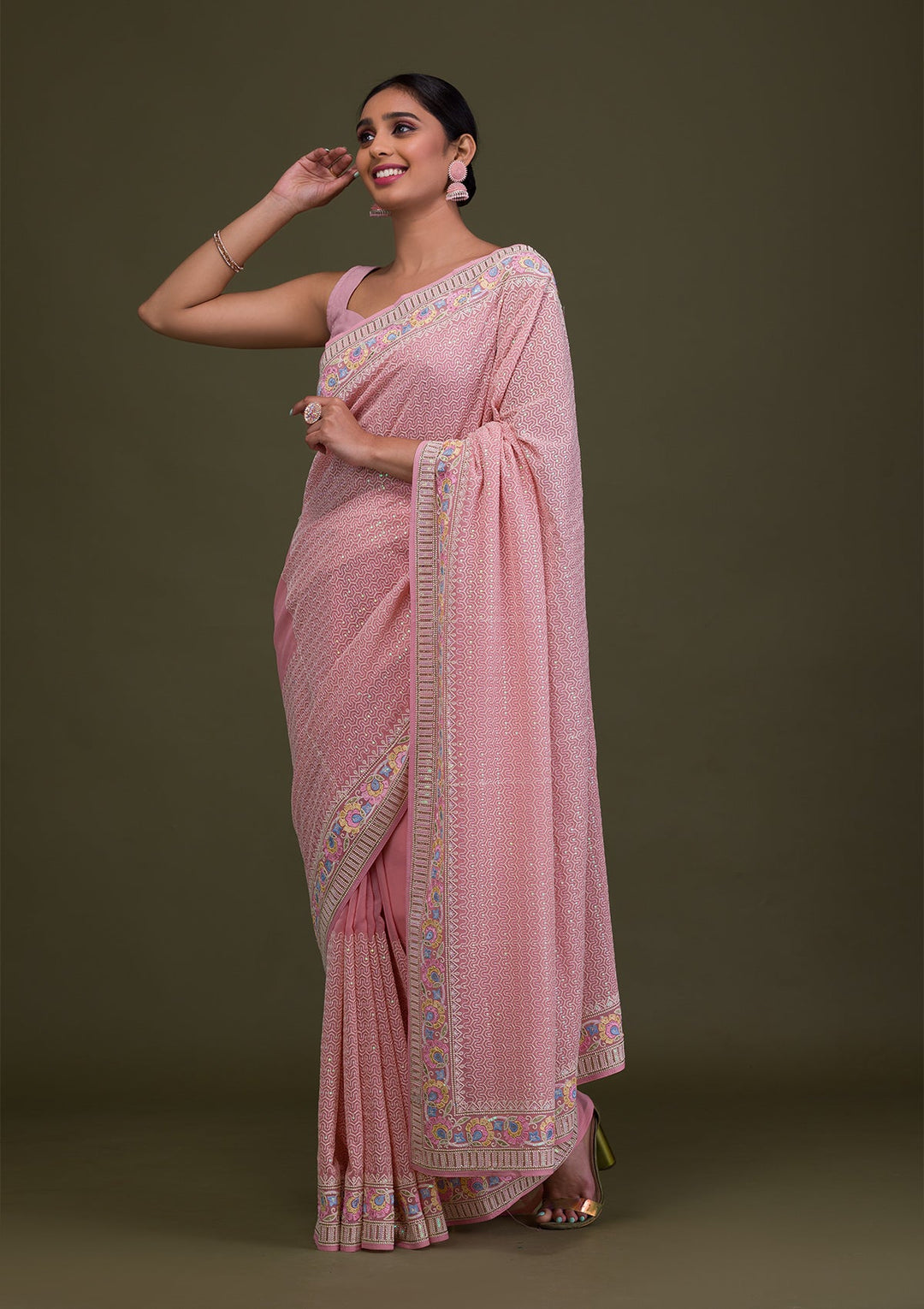 Peach Threadwork Georgette Saree-Koskii